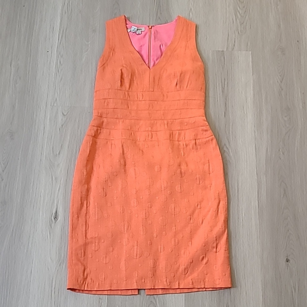 Kay Unger Coral Orange Sleeveless Dress Sz 8 Shift Lined Textured Summer V Neck